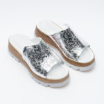 Zoccoli con zeppa da donna in pelle argentata /