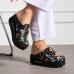 Sabot da lavoro in pelle nera con zeppa /