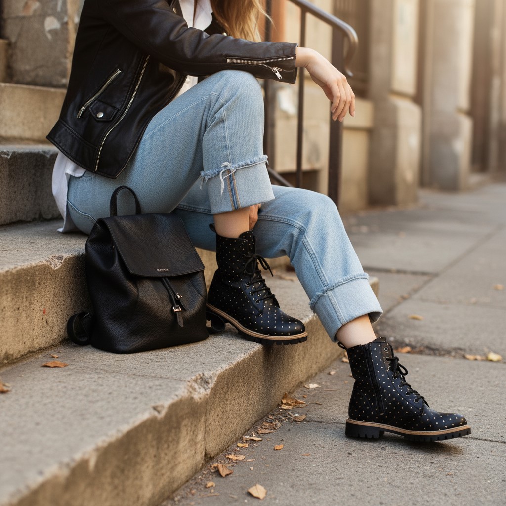 Anfibi neri da donna in pelle con stampa colorata Stivaletti e anfibi donna 16 Anfibi neri da donna in pelle con stampa colorata - immagine 6