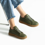 Sneakers donna verde scuro in pelle naturale /