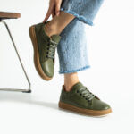 Sneakers donna verde scuro in pelle naturale /