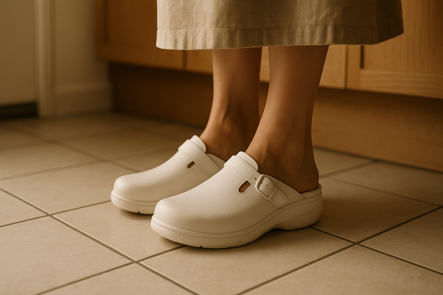 Fascite plantare: scarpe giuste e dolore al tallone, cosa cambia? / Articoli utili close-up of a woman's feet in anatomical white clogs standing on a tiled kitchen floor, suggesting comfort and foot supp