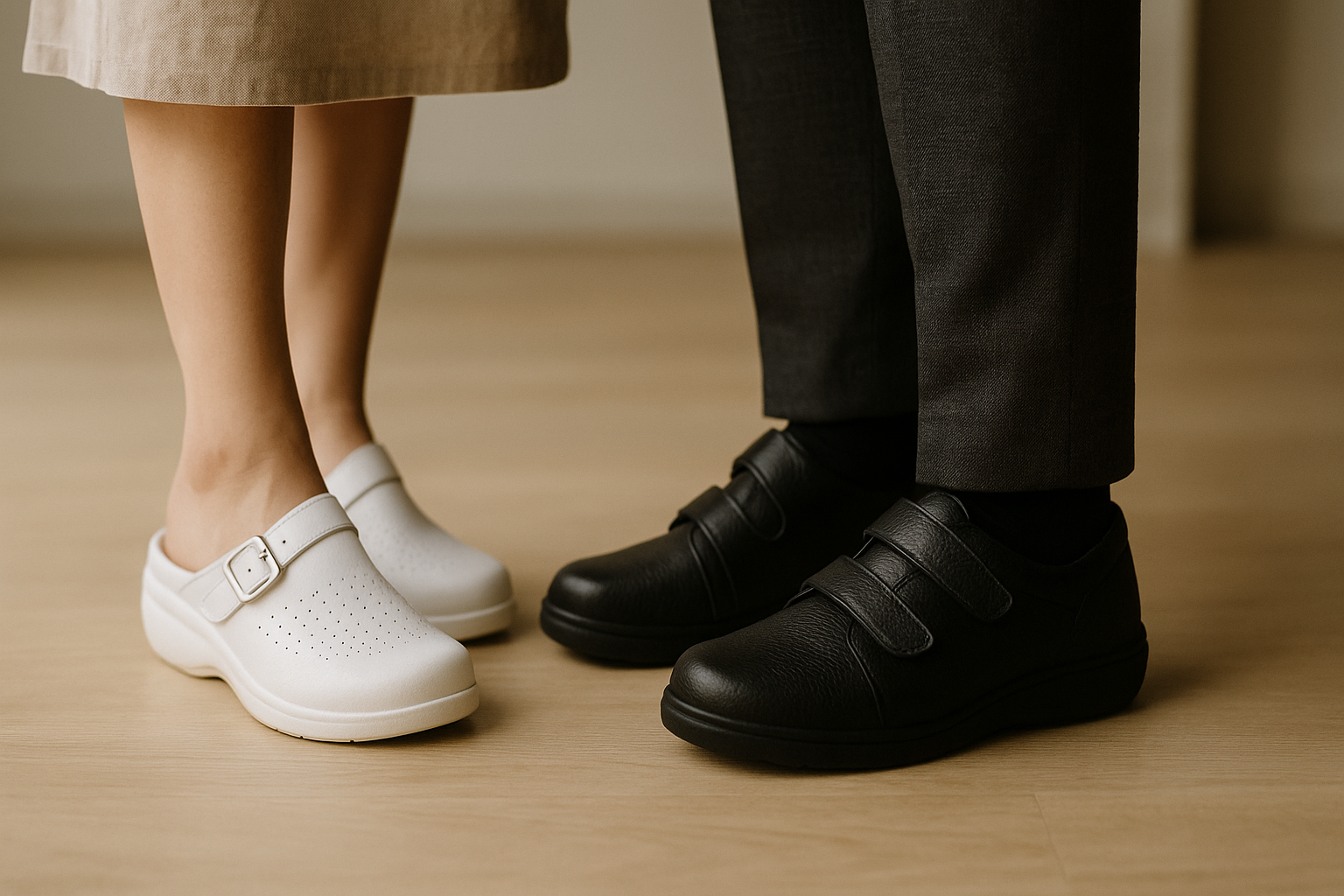 Qual è la vera differenza tra scarpe anatomiche e ortopediche? / Articoli utili close-up of a woman's and a man's feet wearing white anatomical and black orthopedic shoes, both standing on a light-col