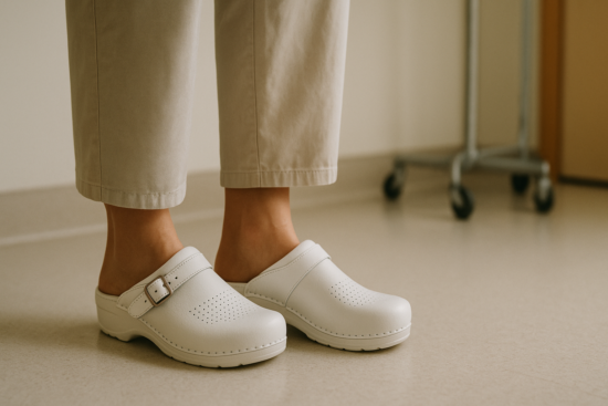 close-up of a nurse's feet in white leather anatomical clogs standing on a hospital floor, with focus on the shoes and l