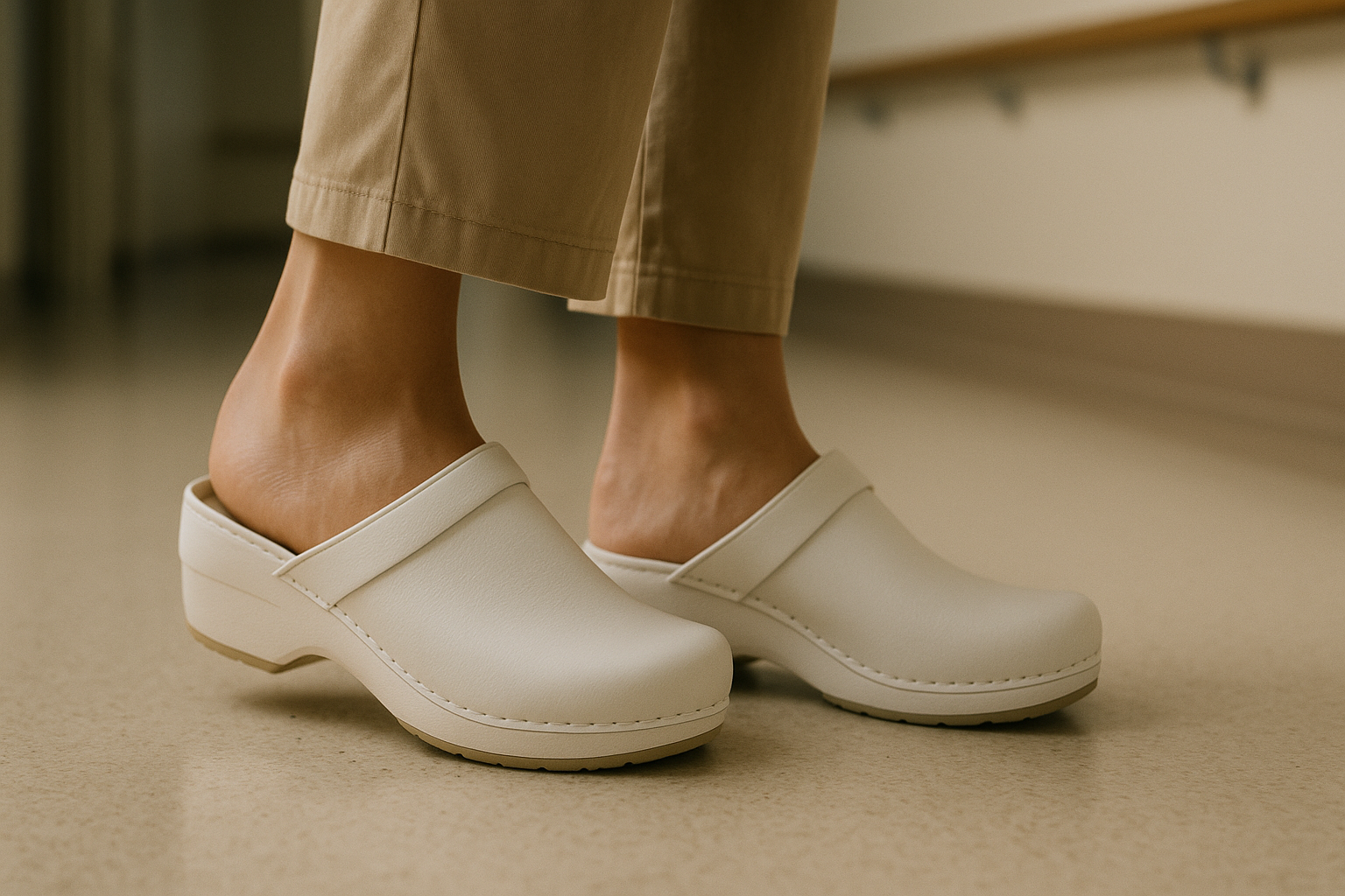 Piede piatto negli adulti: aspettative e scelta delle scarpe migliori / Articoli utili close-up of a woman's feet in anatomical white clogs standing on a hospital corridor floor, with attention to the arch a
