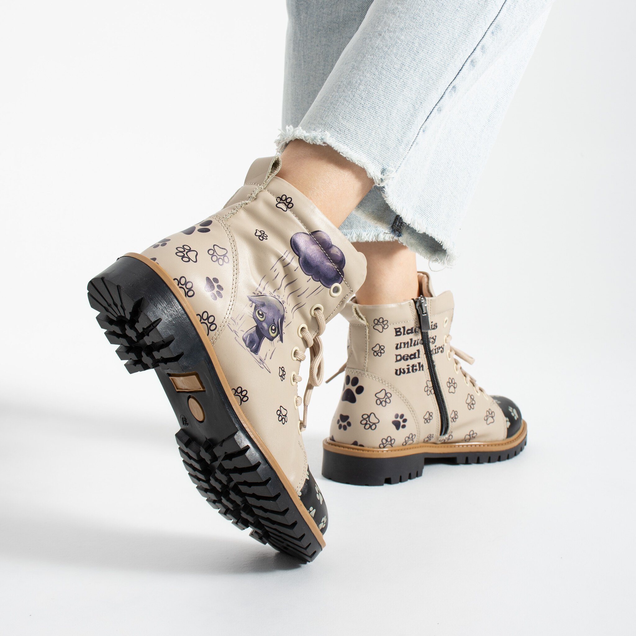 Anfibi da donna in pelle con stampa colorata Stivaletti e anfibi donna 5 TSL Memory Rebel Rainy - Beige, Nero - Pelle