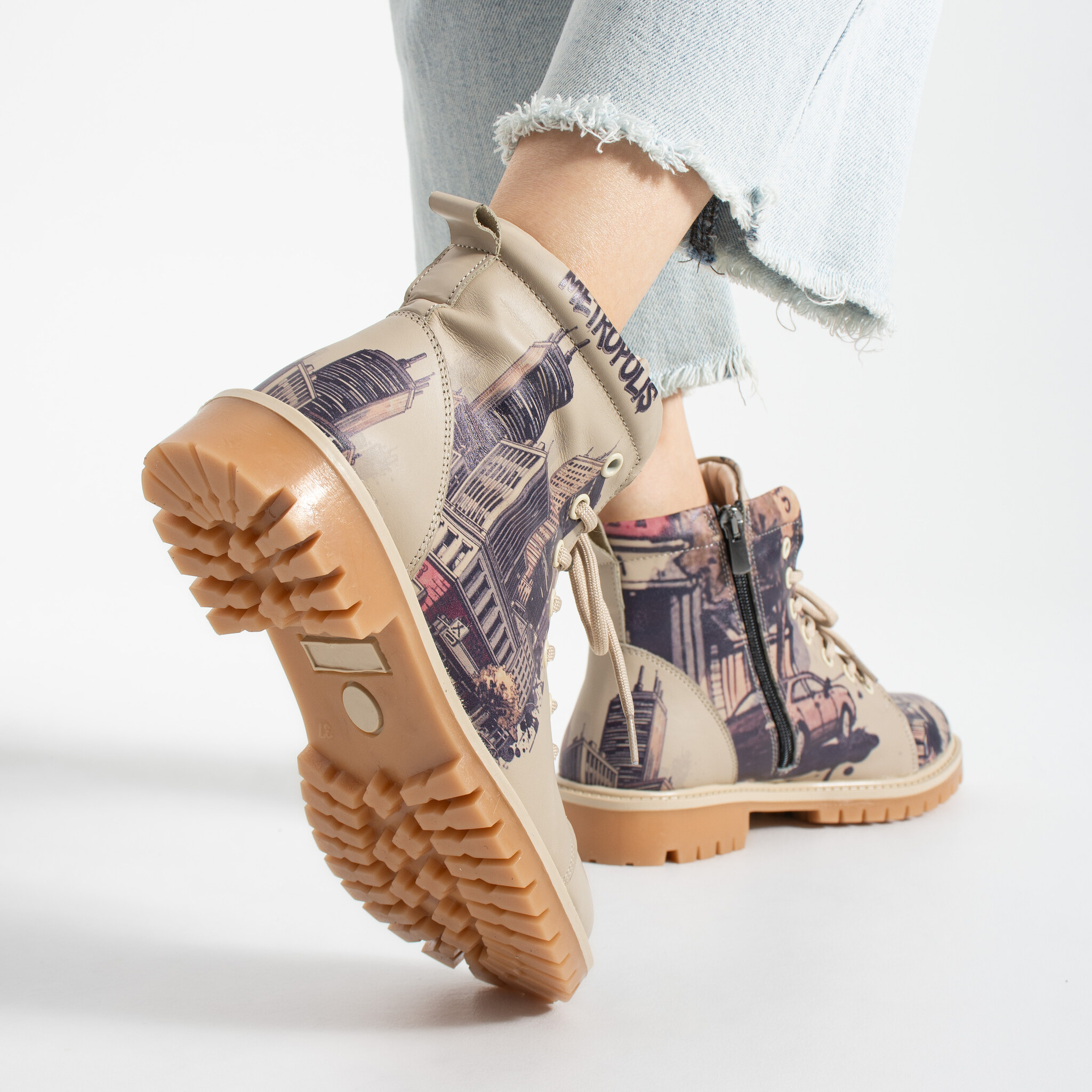 Anfibi da donna in pelle con stampa colorata Stivaletti e anfibi donna 5 TSL Memory Rebel Metropoli - Beige, Multicolore - Pelle