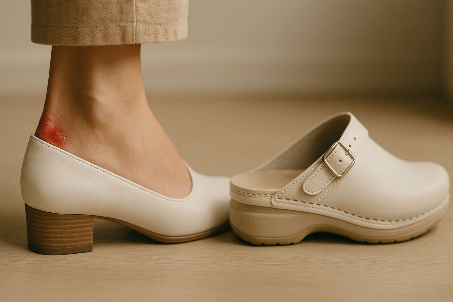 Calli e vesciche da scarpe: cause vere e come prevenirli davvero / Articoli utili close-up of a woman's heel and side foot showing a shiny red blister caused by ill-fitting white leather work shoes, wit