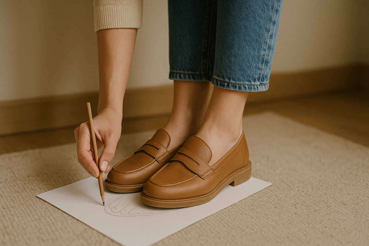Come misurare il piede correttamente: guida passo passo a casa / Articoli utili close-up of a woman's feet standing on a white sheet of paper, with one hand tracing the foot outline with a pencil; no