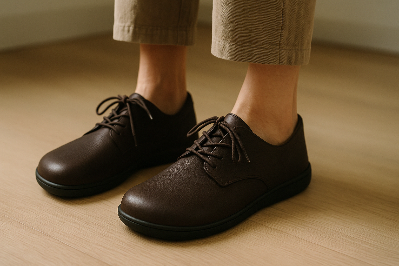 Scarpe per piede largo: come trovare il comfort che cerchi / Articoli utili close-up of a person's feet wearing wide toe-box leather shoes on a light wooden floor, focus on forefoot area, no faces