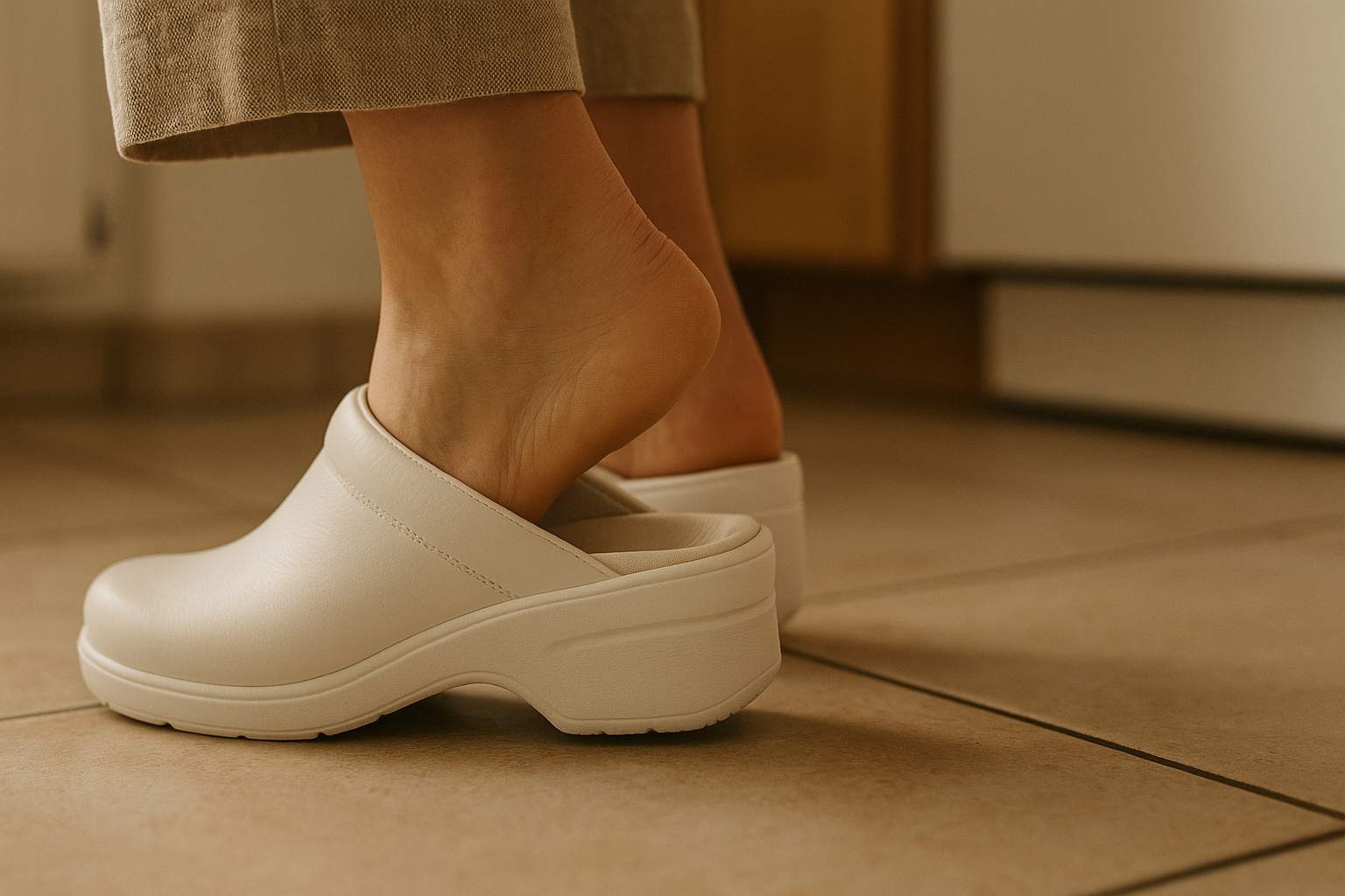 Spina calcaneare: scarpe che alleviano la pressione sul tallone / Articoli utili close-up of a person's feet slipping into soft white anatomical work clogs on a tiled kitchen floor, emphasizing the hee